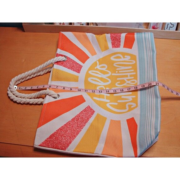 Hello Sunshine Print Beach Tote Shopping Bag Bright Glitter Double Rope Handle - Picture 8 of 11